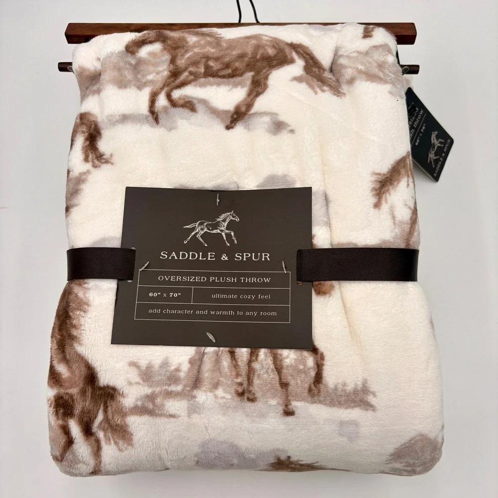 Saddle & Spur Oversized Plush Throw Blanket 60x70 Galloping Horse Brown Cream